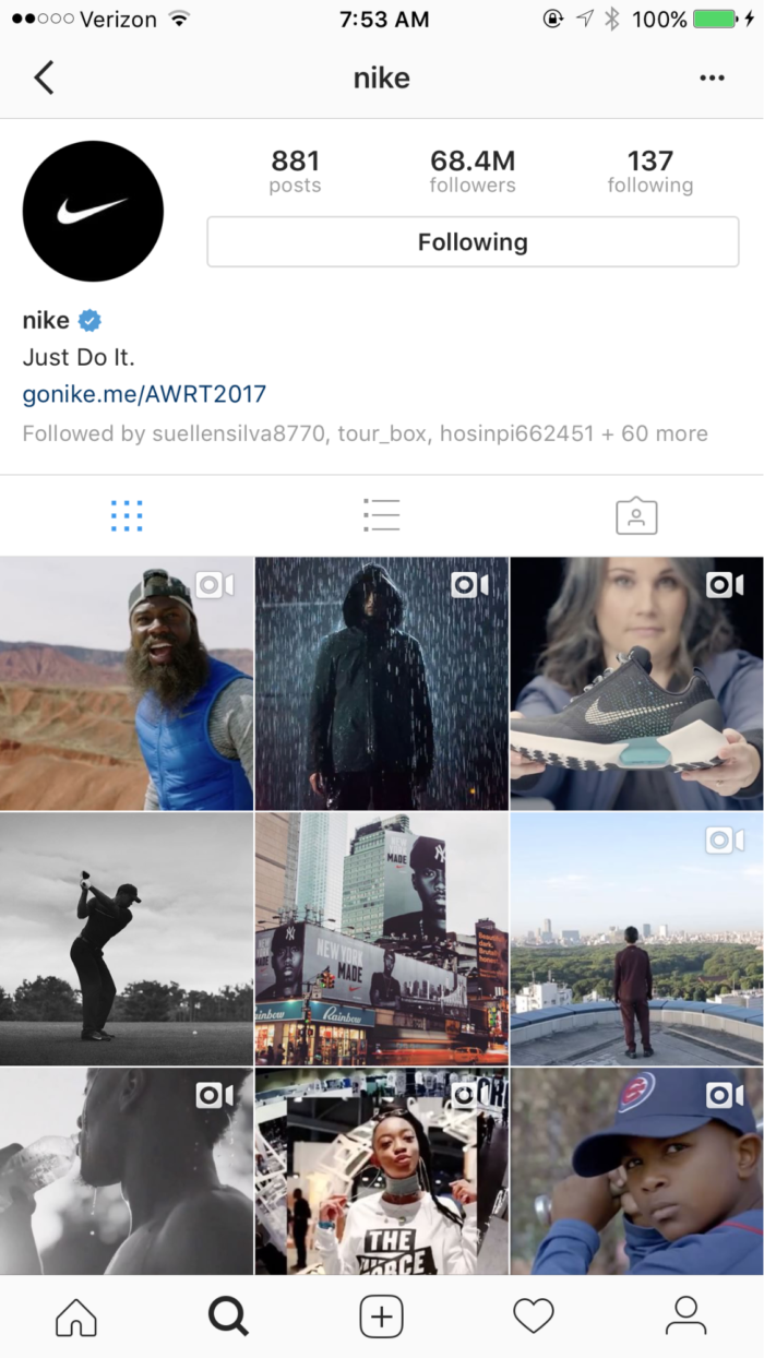 An image of Nike's Instagram page.