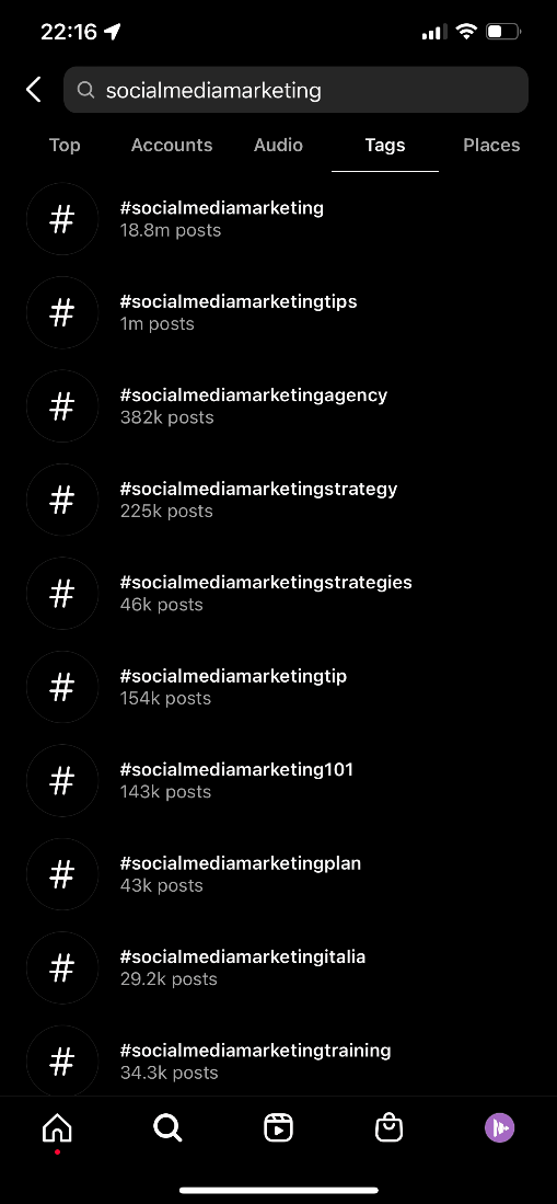 An image of what it looks like to search for hashtags on Instagram.