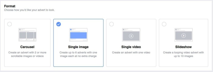 An image of the format screen on Facebook Ads.