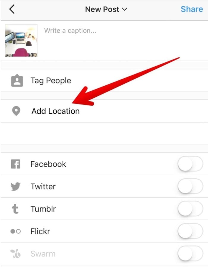 An image of the new post screen from Instagram, with an arrow pointing to the add location.