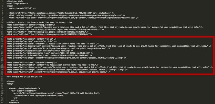 A screenshot of ogp tags in a sequence of website codings.