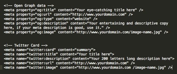 A screenshot of website coding that displays optimized code for both Facebook and Twitter posts. 