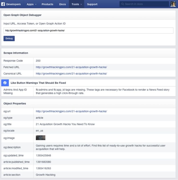 A screenshot of helium  Facebook debugging tool.