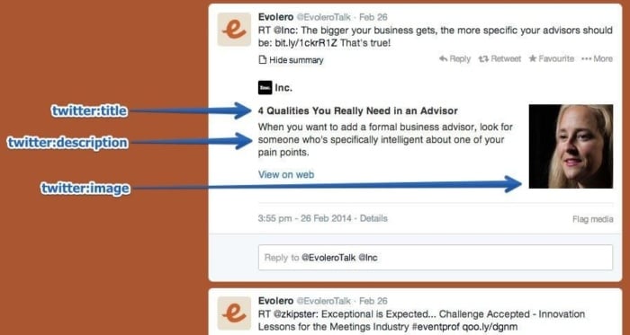 A screenshot of a Twitter page showing an example of how title, description, and image tags are used on Twitter. 