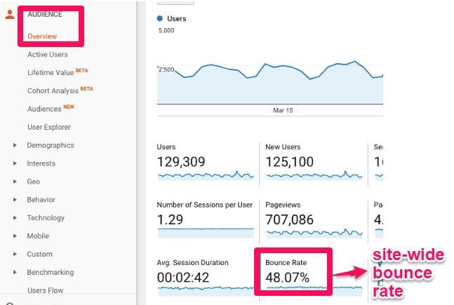 Google Analytics screen showcasing the bounce rate. 