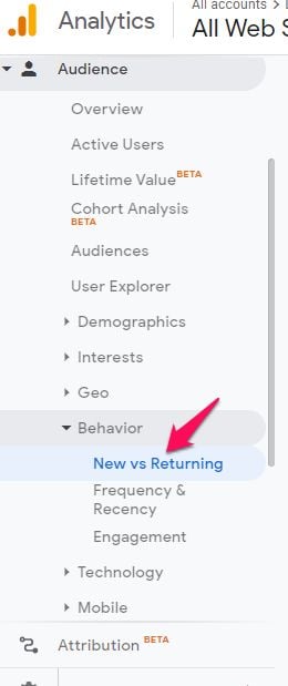 The sidebar from Google analytics with the new vs returning button highlighted. 