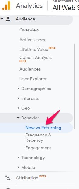 The sidebar from Google analytics with the caller   vs returning fastener  highlighted. 