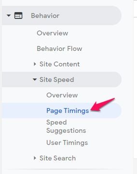 The sidebar of Google Analytics with the page timings button highlighted. 