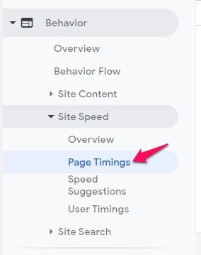 The sidebar of Google Analytics with the leafage   timings fastener  highlighted. 