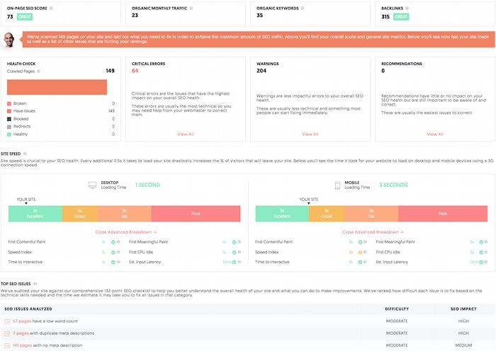 Ubersuggest's homepage showing various SEO metrics. | Content audit tools