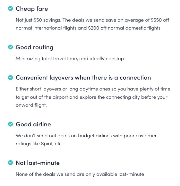 A list of benefits of using Scotts Cheap Flights from their website. 