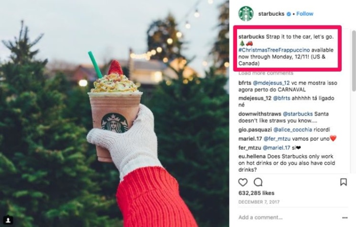 Instagram post of Starbucks of a christmas themed coffee. 
