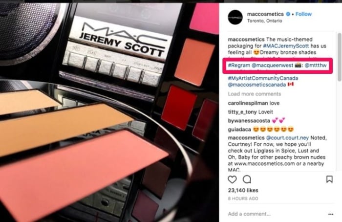 An Instagram post from Mac Cosmetics showing a makeup pallet. 