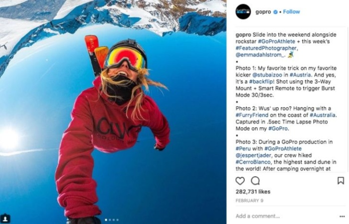 An Instagram post from Go Pro of a skier. 
