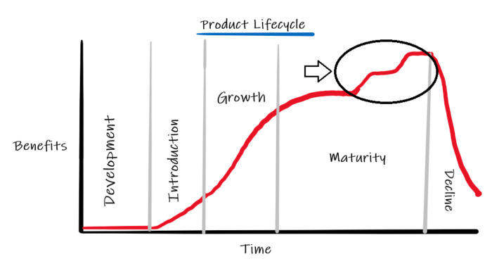 A illustration  showing the 4  stages of merchandise  beingness  cycle, highlighting the maturity stage. 