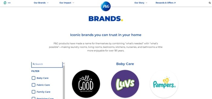 The homepage of Proctor & Gamble.