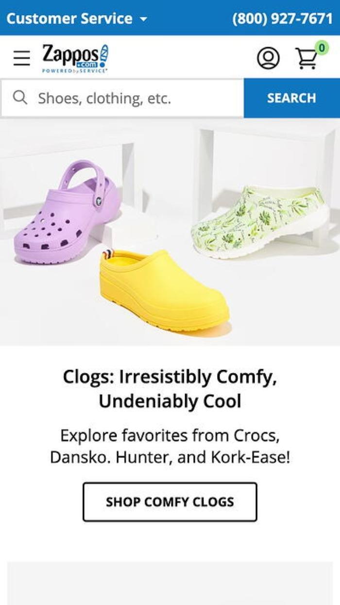 A Zappos mobile page showcasing clogs.
