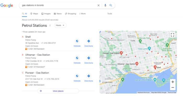 A Google rich snippet showing gas stations in Toronto.