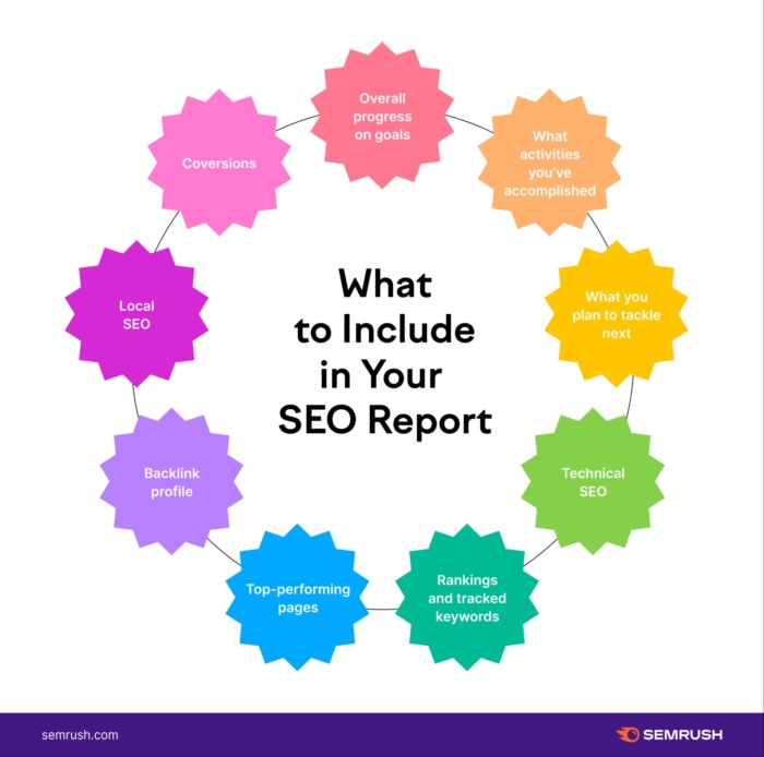 An infographic depicting essential facets of an SEO report.