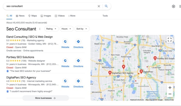 Search results for the term SEO consultant.