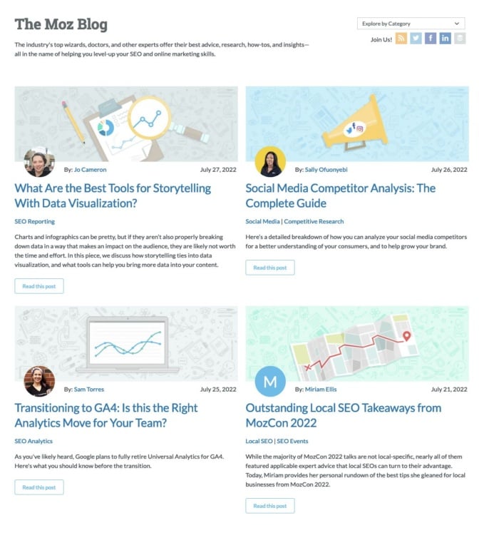 The homepage of the Moz blog.