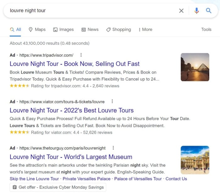 Google hunt  results for "louvre nighttime  tour"