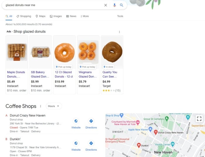 Google search results for the keyword "glazed donuts near me".