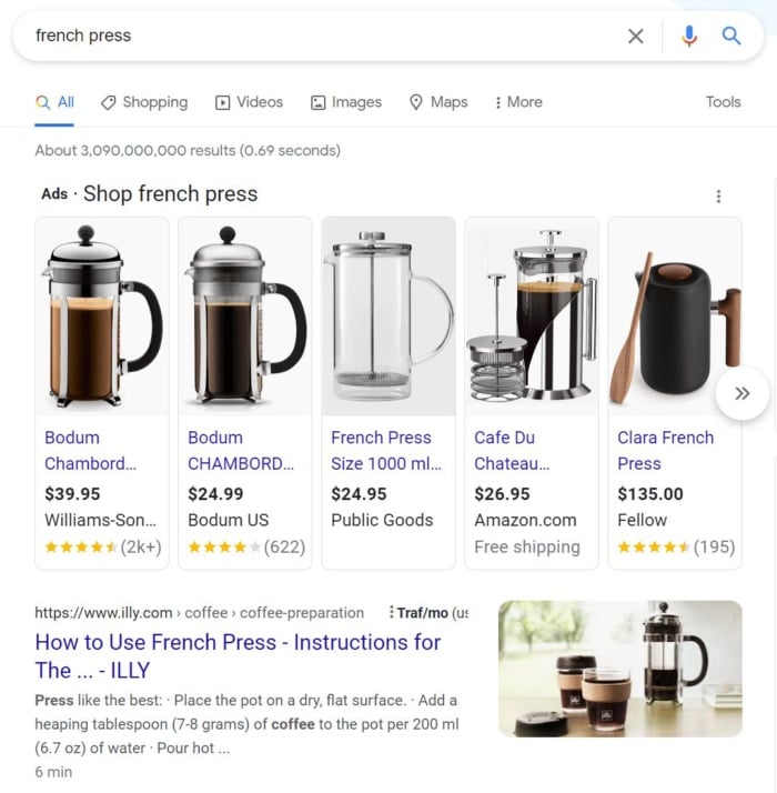 Google search results for the keyword "french press"