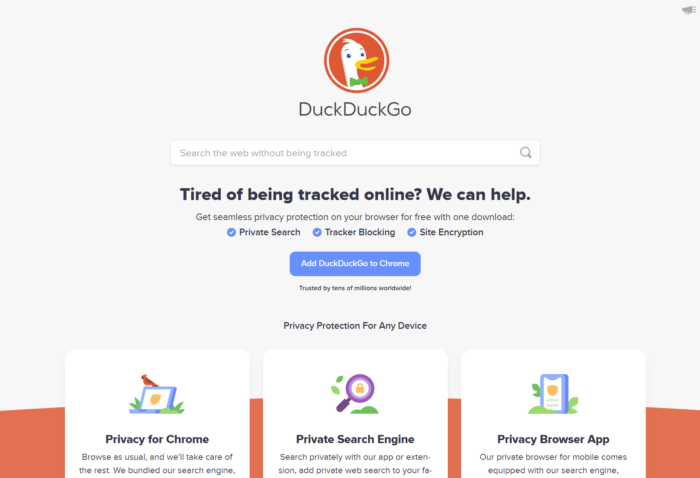 The homepage of the DuckDuckGo search engine.