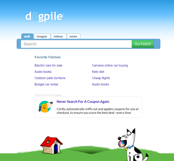 The homepage of the Dogpile search engine.