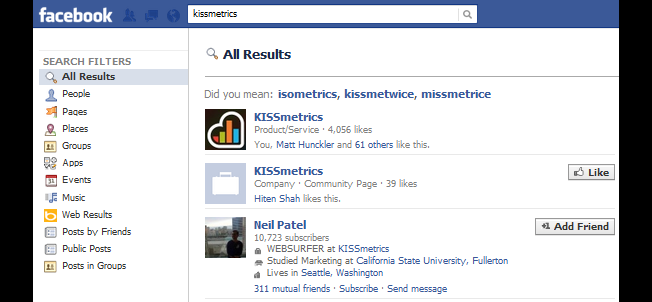 The homepage of the Facebook search engine.