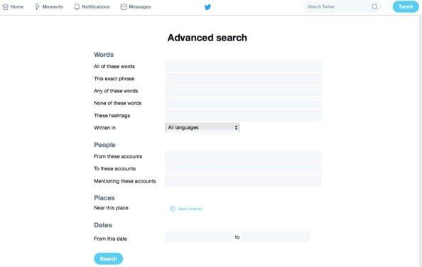 The homepage of the Twitter search engine.