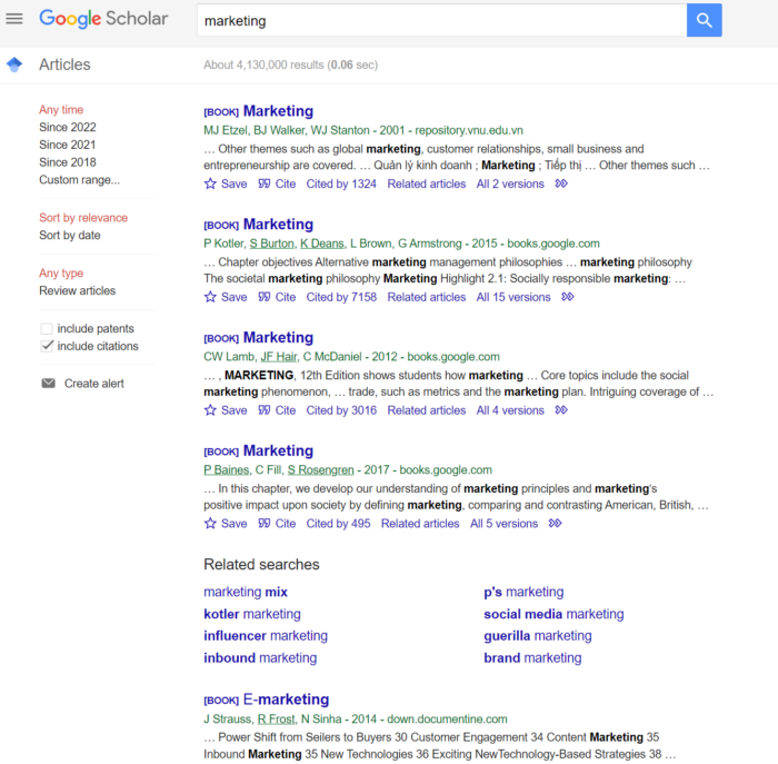 The homepage of the Google Scholar search engine.