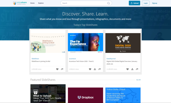The homepage of the SlideShare search engine.