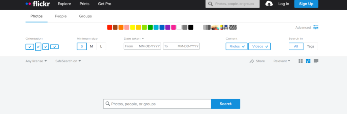 The homepage of the Flickr search engine.