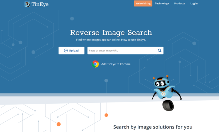 The homepage of the TinEye search engine.