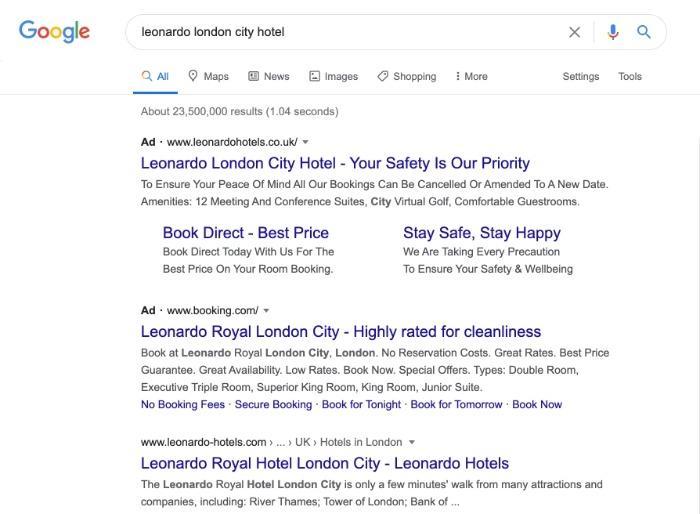 Google search results for the keyword "leonardo london city hotel"