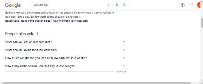 Example google search of the term low carb diet. 