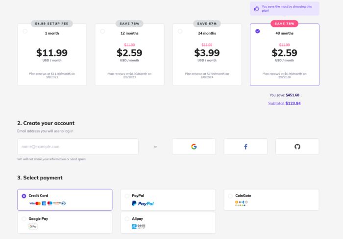 An example of a payment plan option for Hostinger's website. 