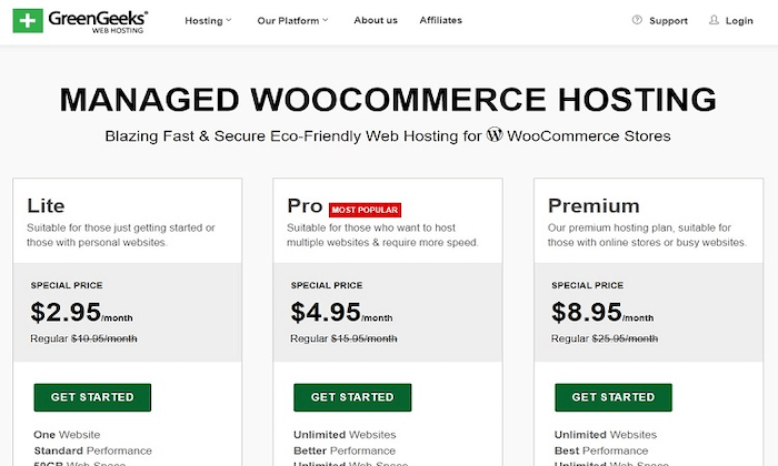 GreenGeeks managed WooCommerce hosting pricing page for Best Cheap Web Hosting