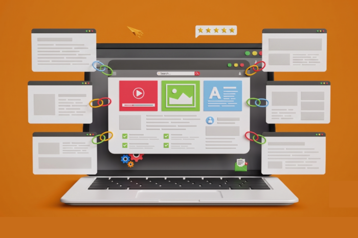 Ilustração de laptop com páginas conectadas, links, avaliações e elementos de conteúdo para representar estratégias de SEO.
