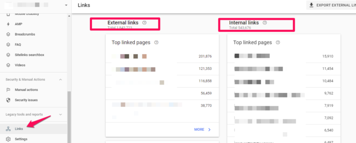 An image of the external and internal links to your site on google search console. 