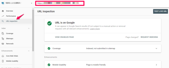 An image of the URL inspection function of google search console. 