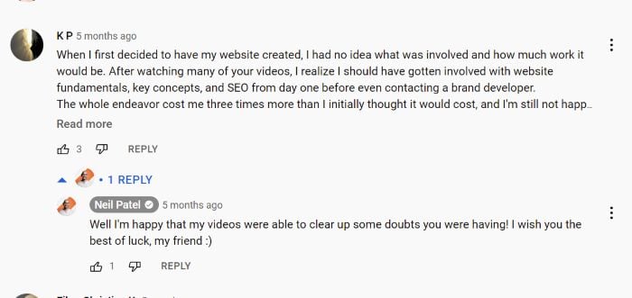 An illustration  of Neil Patel responding to a remark  connected  his YouTube channel. 