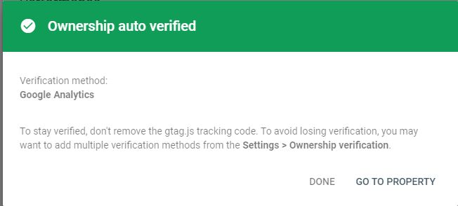 An image of the ownership verification message in google search console. 