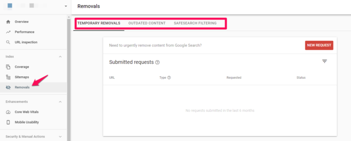 An image of the site removals function in google search console. 