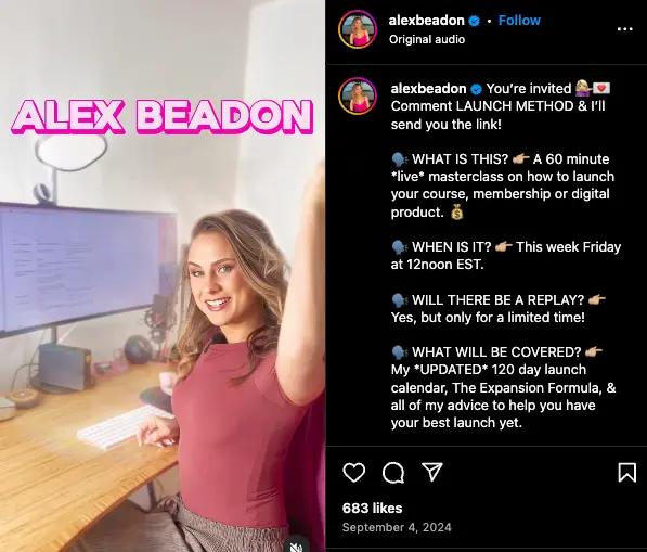 An Alex Beadon Instagram post promoting a webinar.