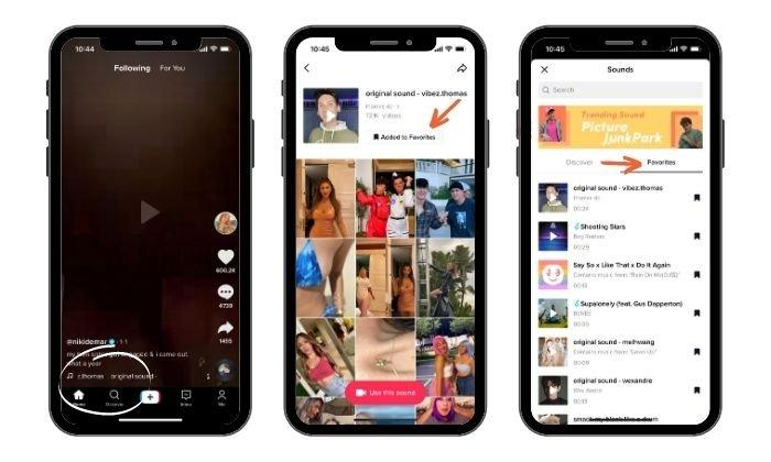 A graphic showcasing how to save sounds to your favorites on TikTok. 