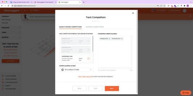 A screenshot of the Ubersuggest SEO audit platform where you can track competitors. 