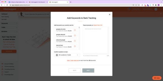 A screenshot of the Ubersuggest SEO audit platform where you can add keywords to rank tracking. 